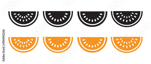 A series of eight stylized graphic icons depicting simple half slices of watermelon and orange.