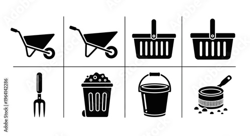 Gardening Tools and Supplies Icons: Wheelbarrow, Basket, Fork, Bin, Bucket, Trowel