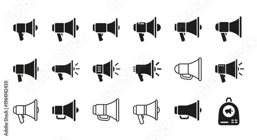 Megaphone Icon Set: Amplification, Announcement, Communication, and Alert Symbols