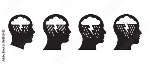A sequence of four human head silhouettes each containing a storm cloud with lightning and rain.