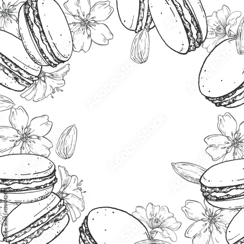 Frame with macarons, flowers and almond kernels. Hand drawn vector illustration. Template for menu labels and dessert packaging.