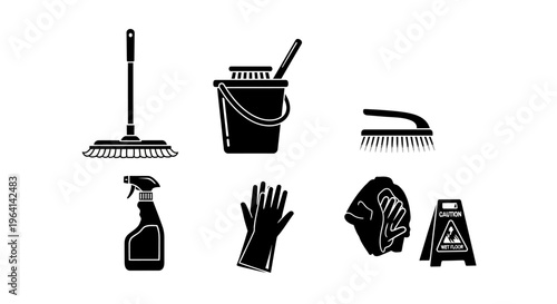 Cleaning Supplies Icons Set: Mop, Bucket, Brush, Spray Bottle, Gloves, Cloth, Wet Floor Sign
