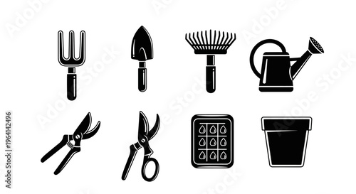 Gardening Tools Icon Set: Fork, Trowel, Rake, Watering Can, Pruners, Seed Tray, Pot