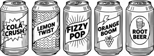 Vintage Line Art Soda Can Five Set Collection - Black and White Outline Cola Crush Lemon Twist Fizzy Pop Orange Boom and Root Beer Carbonated Beverage Can Illustration Vector Art