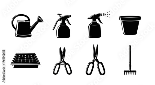 Gardening Tools Silhouette Icons Set: Watering Can, Sprayer, Pot, Tray, Scissors, Rake