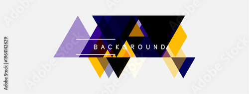 Geometric shapes form abstract composition. Purple, gold, navy colors dominate white space. Text reads BACKGROUND. Minimalist design.