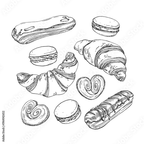 Sweet pastries: a set of hand-drawn vector illustrations. Croissant, macaroon, palmier, eclair. Objects for label design, menus, recipes, bakery, and coffee shop.