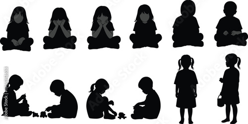 Collection of Little Children Silhouette Vector Illustrations Featuring Boys and Girls Sitting Playing and Standing in Various Poses for Education Parenting and Childhood Concepts