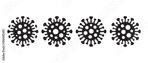 Horizontal Row of Stylized Black Coronavirus Icons. on White Background, Flat Design Vector Illustration.