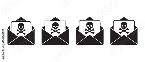 Envelopes with skull and crossbones icons. representing dangerous email or spam, flat design vector illustration.