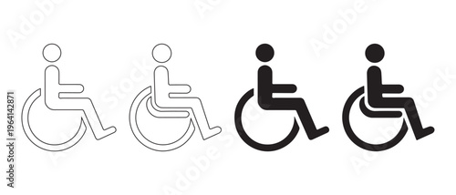 A set of four wheelchair accessible sign icons featuring outline and solid black design styles.