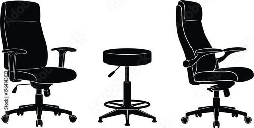Modern ergonomic office chair and adjustable stool set, black silhouette illustration isolated on white, featuring swivel seating, armrests, and contemporary workspace furniture design