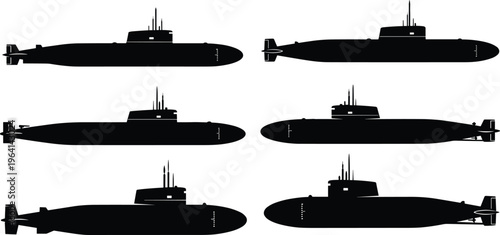 Military submarine silhouettes set isolated on white background for navy naval warfare ocean fleet underwater boat vector illustration marine technology army transportation design.