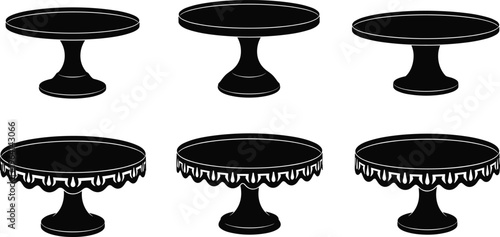 Round cake stands and dessert display trays set, black silhouette illustration isolated on white, featuring pedestal plates for bakery presentation, catering events, and elegant food styling