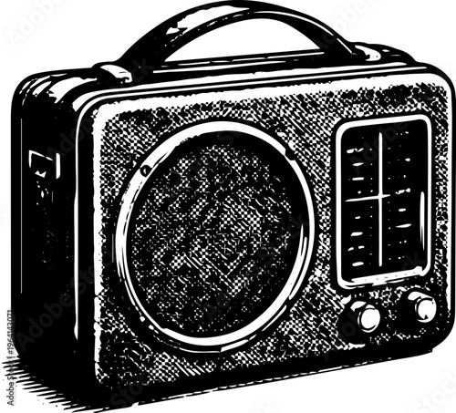 Vintage Portable Radio with Handle and Large Speaker Grille - Classic 1950s Retro Portable Broadcast Receiver Vector Illustration