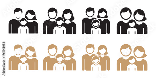 A collection of simple vector icons depicting a family unit with two parents and one small child.