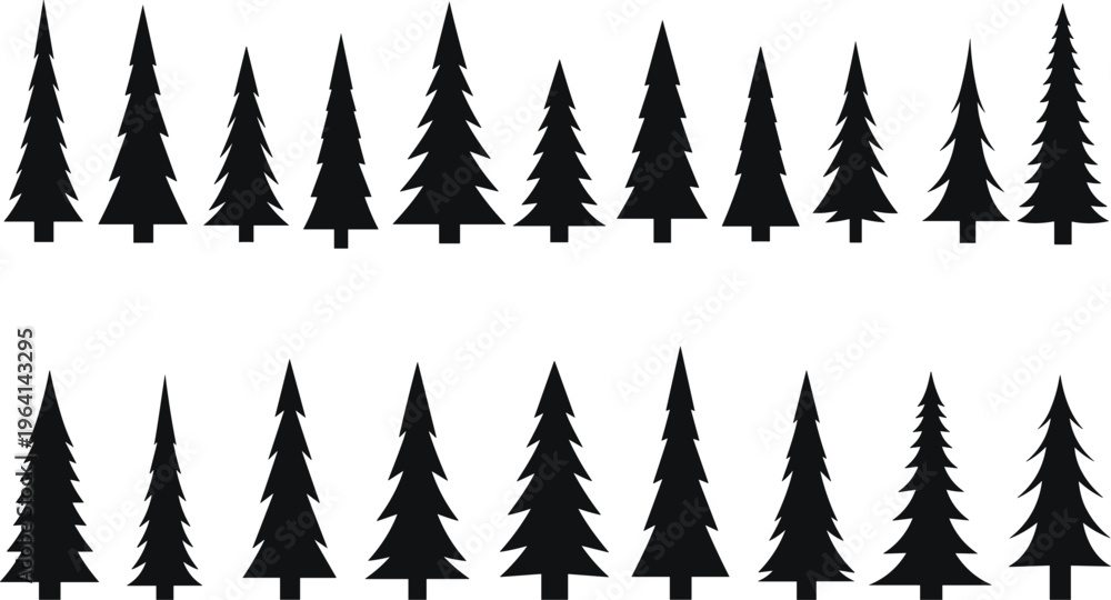 Fototapeta premium Set of isolated pine tree silhouettes evergreen coniferous spruce and fir tree icons for nature landscape design winter forest elements and mountain wood graphics