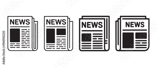 A collection of four distinct black and white line art icons depicting daily newspaper layouts.
