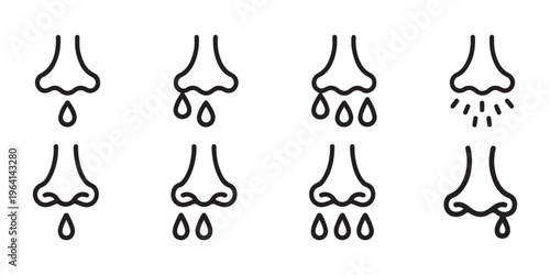 A collection of simple outline icons representing various symptoms of a runny or congested nose.