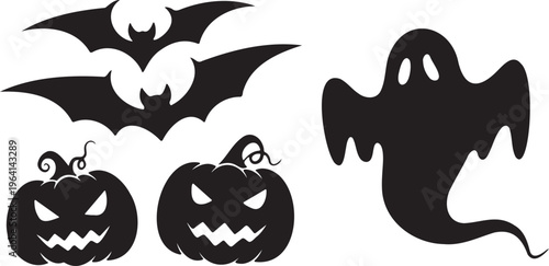Halloween silhouette vector set, spooky ghost and flying bats icons, carved jack o lantern pumpkins, black holiday graphic elements on white background