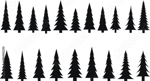 Set of isolated pine tree silhouettes evergreen coniferous spruce and fir tree icons for nature landscape design winter forest elements and mountain wood graphics