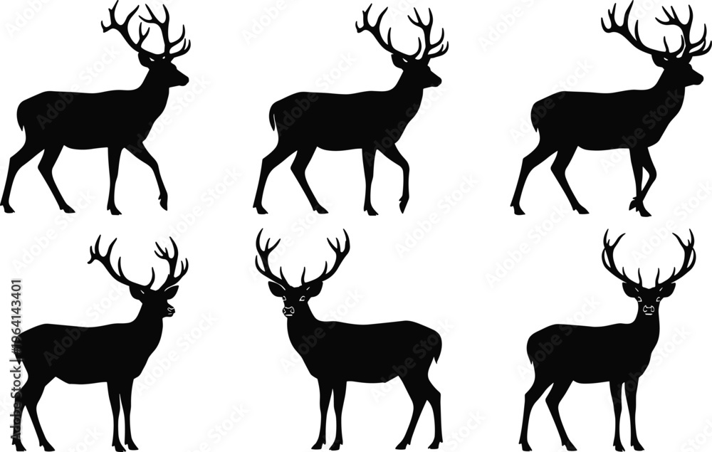 Fototapeta premium Set of Six Black Deer Silhouette Vector Illustrations Featuring Stags with Large Antlers in Various Walking and Standing Poses for Wildlife and Nature Design