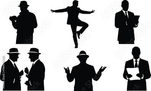 Set of Professional Businessman and Secret Agent Silhouettes Featuring Men in Suits and Fedora Hats Posing Dancing Talking and Holding Documents on White Background