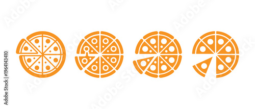 A set of four orange pizza icons showing incremental slice removal on a clean white background.