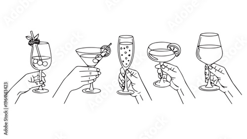 A collection of hand-drawn line art illustrations featuring various cocktail glasses, perfect for beverage and hospitality themes