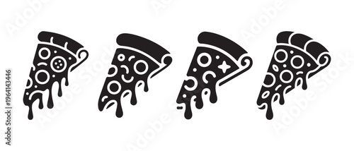 Black pizza slices with dripping cheese in a fun flat design vector illustration.