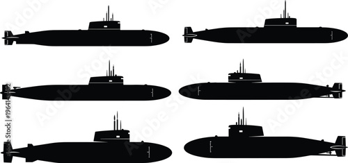 Submarine silhouettes set isolated on white background, military naval vessels side view collection, black vector illustration of underwater warships for defense and maritime concepts
