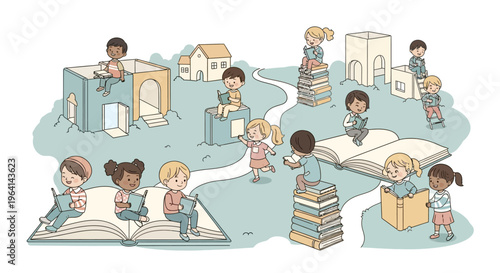 Illustration of diverse children reading and playing with books in a whimsical scene for International Children's Book Day with colorful design elements.