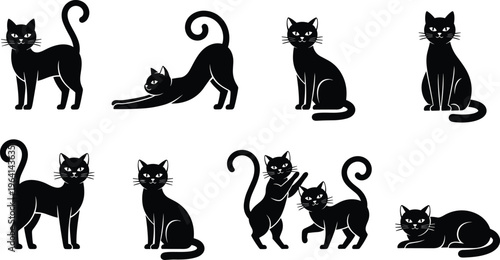 Black cat silhouettes collection featuring different feline poses like sitting stretching and standing isolated on white background, kitten vector illustration set for pet shop design.