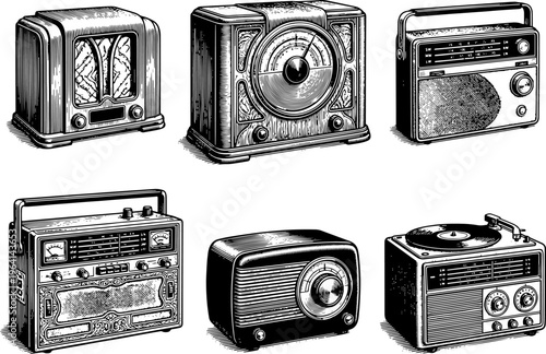 Set of 6 Vintage Retro Radios Collection - Classic 1930s 1940s 1950s Antique Tabletop and Portable Broadcast Receivers Vector Illustration