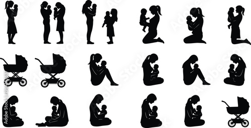Mother and baby silhouettes collection featuring women holding newborns and pushing strollers isolated on white background, motherhood and childcare vector illustration for parenting blogs.