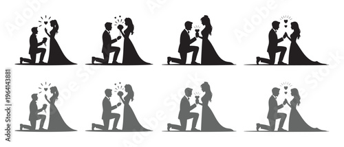 A collection of black silhouettes showing a man proposing marriage to a woman on his bended knee.