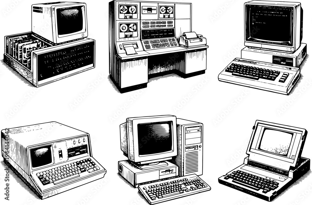 Fototapeta premium Set of 6 Vintage Retro Computers Collection - Classic 1980s 1990s Old School Desktop PC and Workstation Vector Illustration