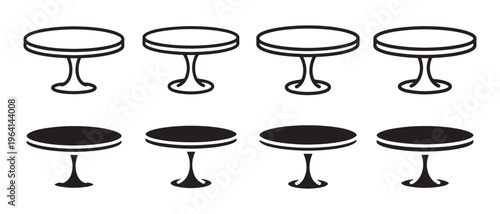 A graphic collection of eight circular pedestal tables arranged in two rows of four distinct styles.