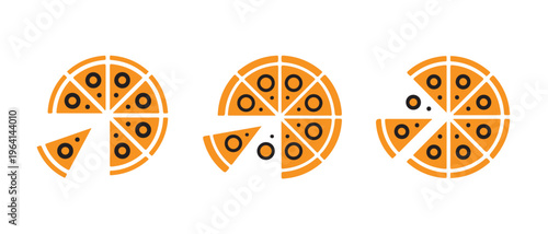 Three stylized pizza icons in orange and brown showing different sliced portions on white background.