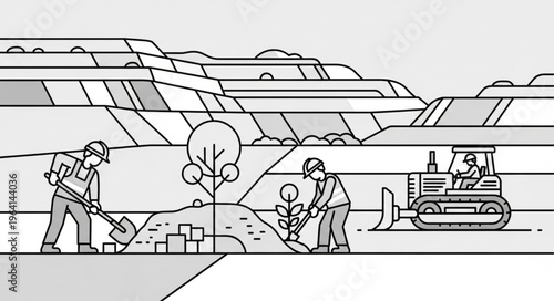 Land Restoration Project - Workers Planting Trees and Operating Bulldozer.