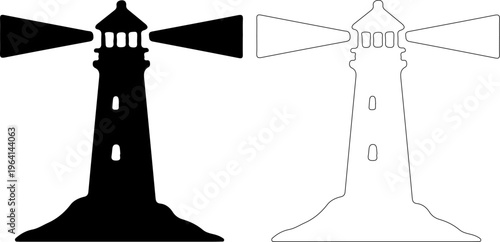 Lighthouse icon set, nautical beacon vector symbols