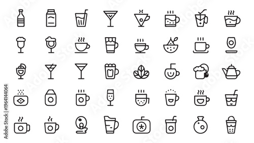 Diverse set of fifty black and white line vector icons showcasing popular beverages and drinkware, including coffee, tea, cocktails, and juices, ideal for graphic design and web applications