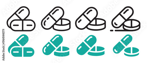 A collection of simple vector icons depicting various pharmaceutical capsule and tablet pill designs.