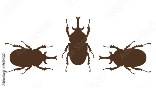 Three Rhinoceros Beetle Silhouettes on White Background. Dark Brown Horned Beetles, Insect Icons.