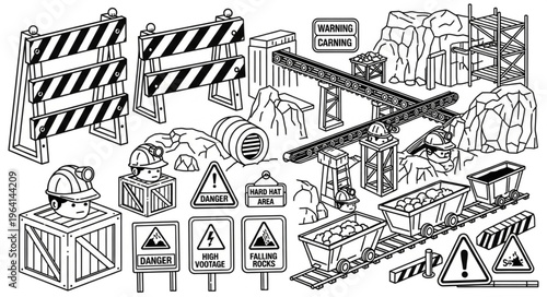 Line Drawing Construction Site Equipment And Signs.