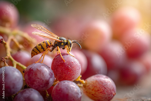 Close-up macro shot of a yellow jacket wasp feeding on a ripe red grape berry