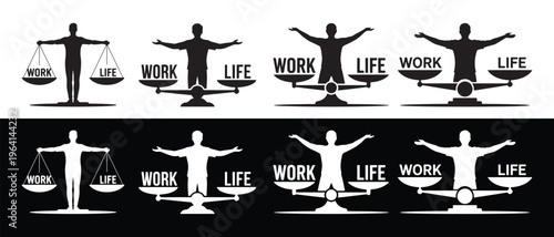 A collection of black and white silhouettes illustrating the concept of work life balance scales.