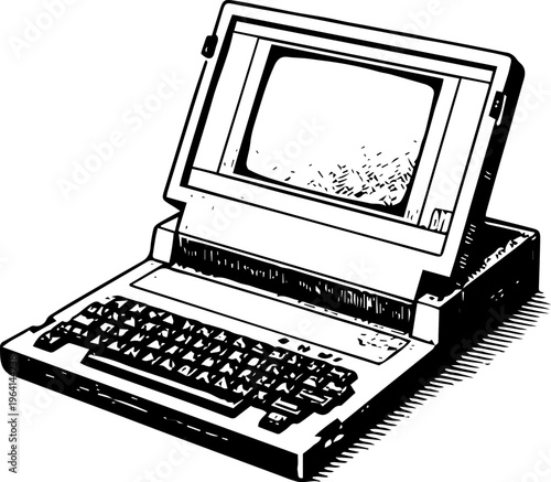 Vintage 1980s Foldable Portable Computer with Clamshell Design - Classic Retro Luggable Laptop Vector Illustration