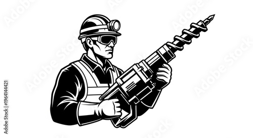 Miner with Drill Illustration - Focused Worker in Protective Gear.
