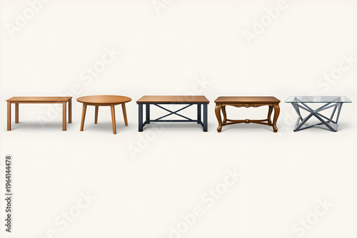 Realistic Vector Dining Table Collection with Five Distinct Structural Designs in Single Canvas